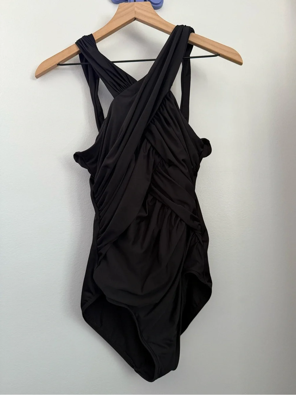 miraclesuit US 12 criss cross high neck one piece twist black swim beach modest